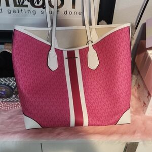 Michael Kors Pink Stripe Signature Tote with White Trim